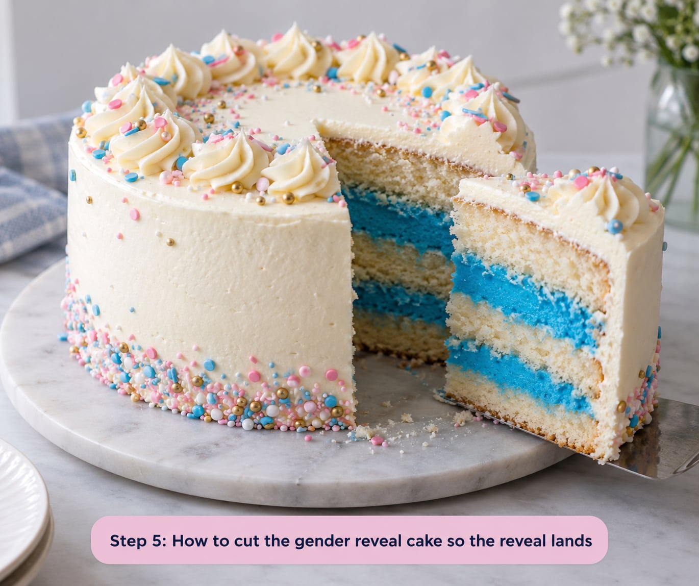 Step 5: How to cut the gender reveal cake so the reveal lands