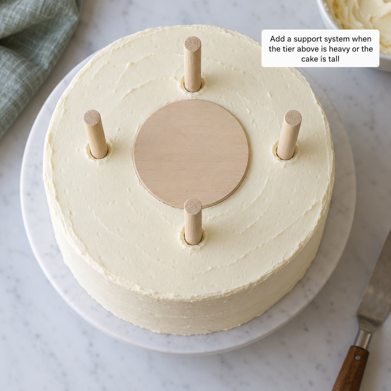 Add a support system when the tier above is heavy or the cake is tall